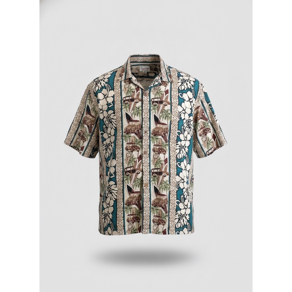 Vintage Hawaii Mens 3XL Aloha Shirt Surfboard Woody Car Hibiscus Made USA Teal